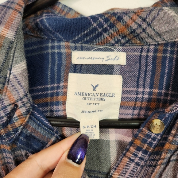 American Eagle Purple Plaid Flannel Pullover Long Sleeve Shirt Top Babydoll - Picture 5 of 6